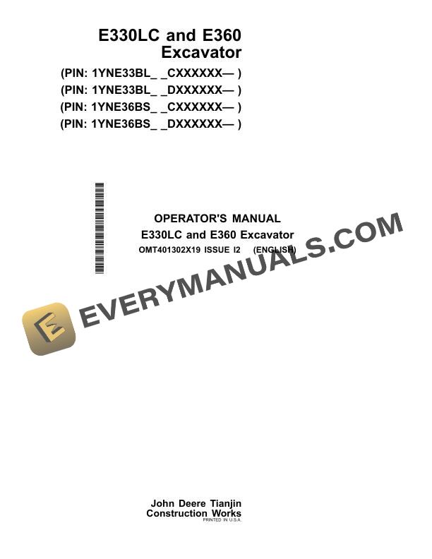 John Deere E330LC E360 Excavator Operator Manual OMT401302X19