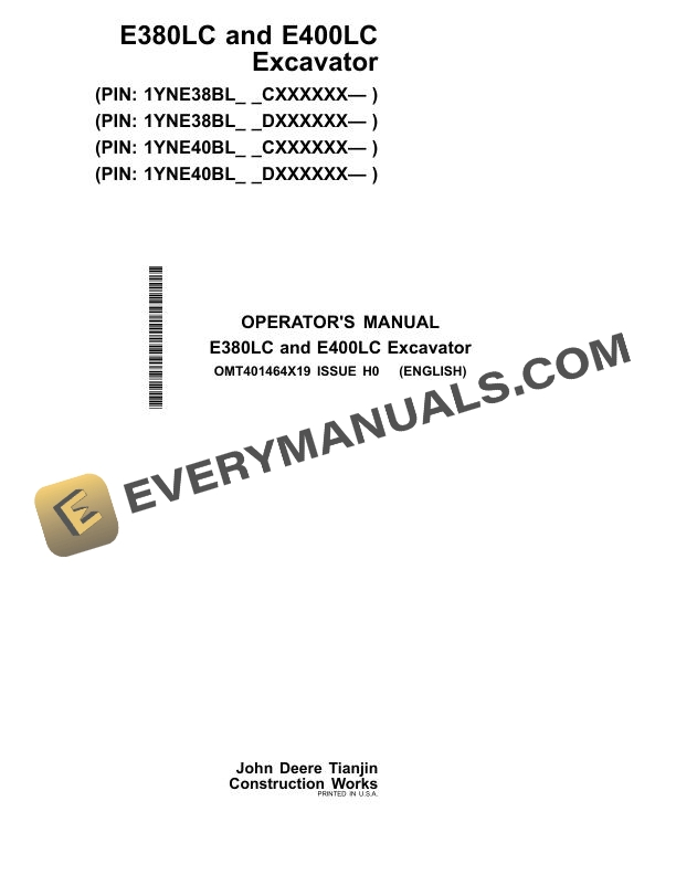 John Deere E380LC, E400LC Excavator Operator Manual OMT401464X19