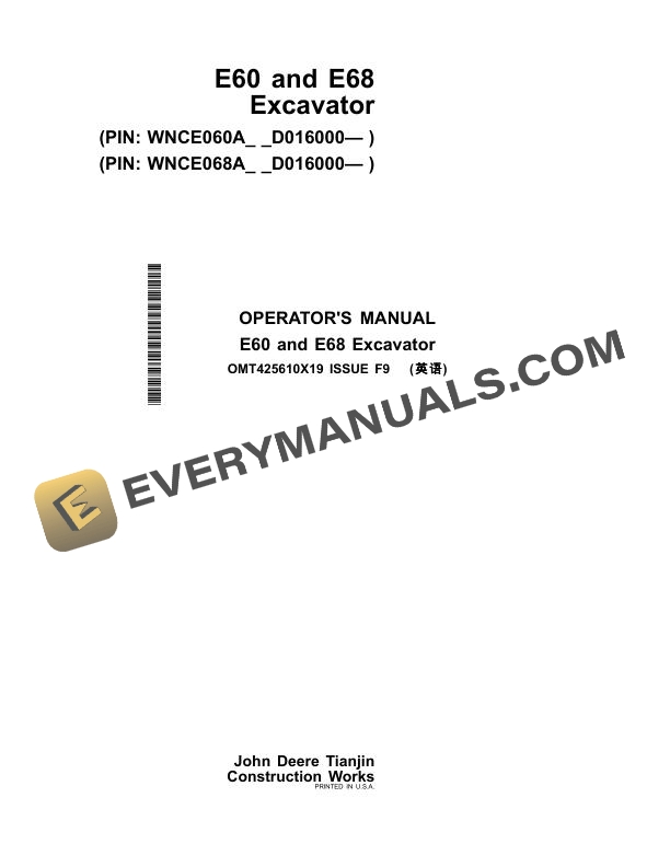 John Deere E60, E68 Excavator Operator Manual OMT425610X19
