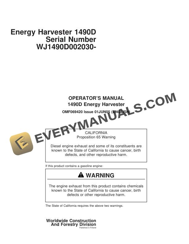 John Deere Energy Harvester 1490D Operator Manual OMF069420