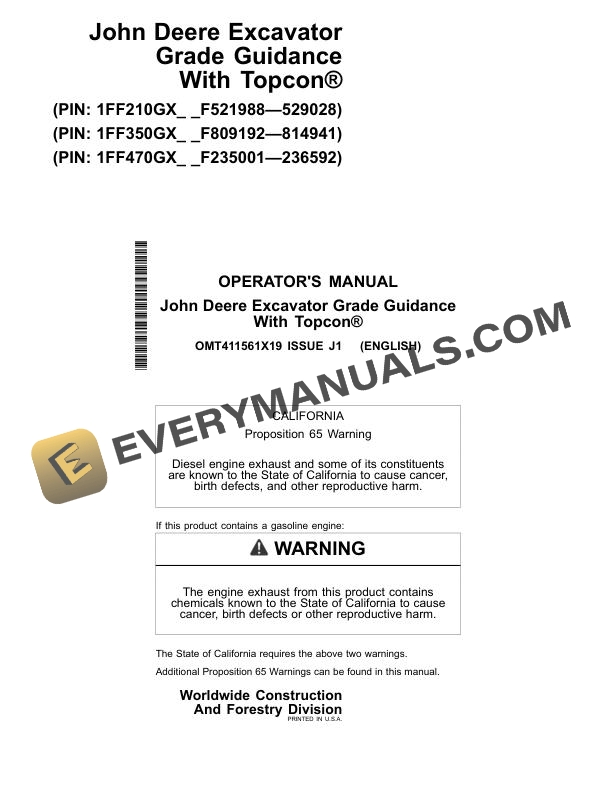 John Deere Excavator Grade Guidance With Topcon Operator Manual OMT411561X19