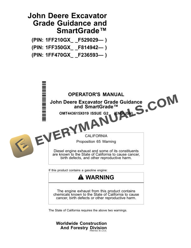 John Deere Excavator Grade Guidance and SmartGrade Operator Manual OMT443615X019