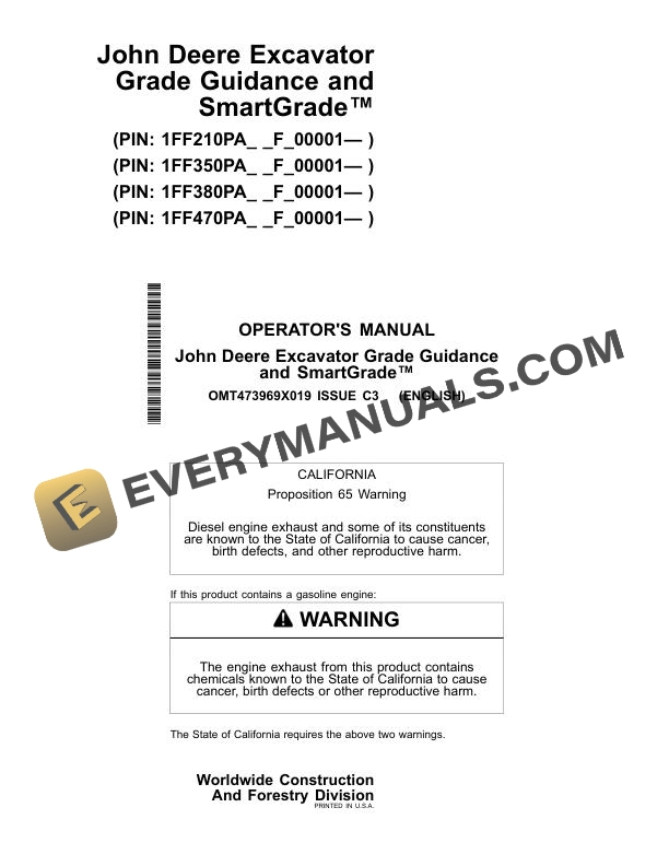 John Deere Excavator Grade Guidance and SmartGrade Operator Manual OMT473969X019