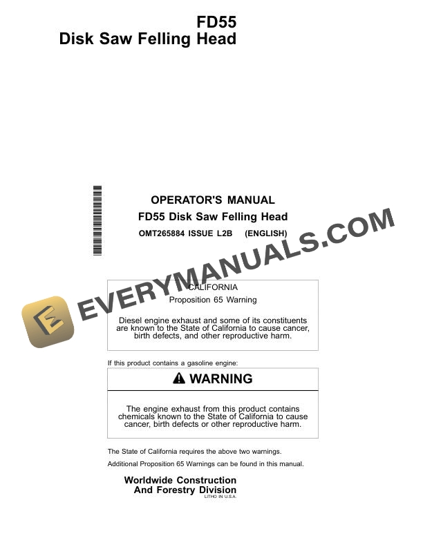 John Deere FD55 Disk Saw Felling Head Operator Manual OMT265884