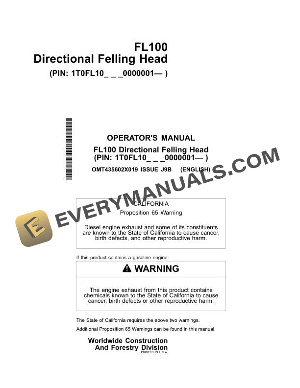 John Deere FL100 Directional Felling Head Operator Manual OMT435602X019