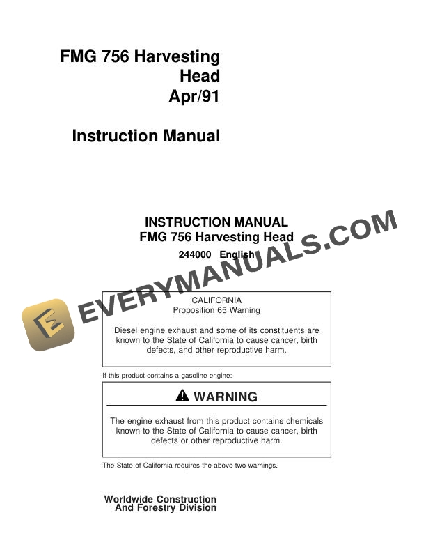 John Deere FMG 756 Harvesting Head Instruction Manual 244000