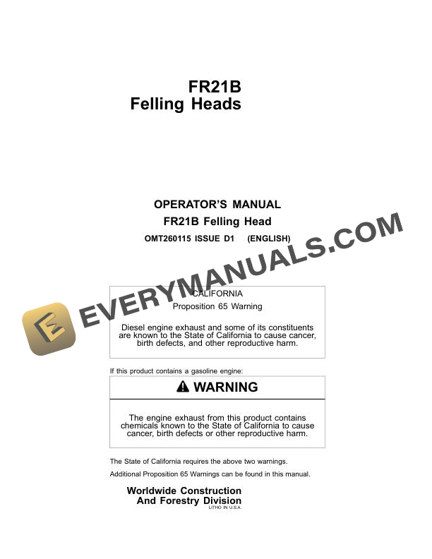 John Deere FR21B Felling Head Operator Manual OMT260115