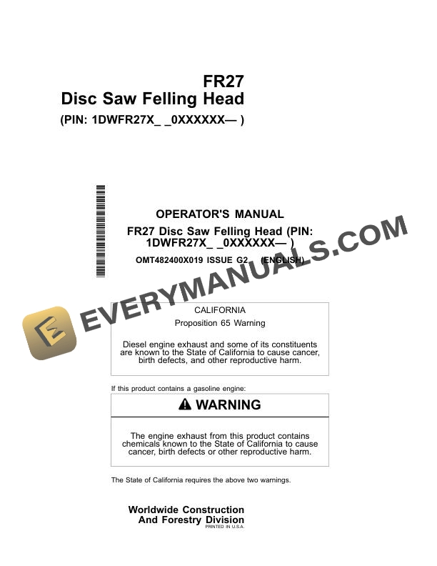 John Deere FR27 Disc Saw Felling Head Operator Manual OMT482400X019