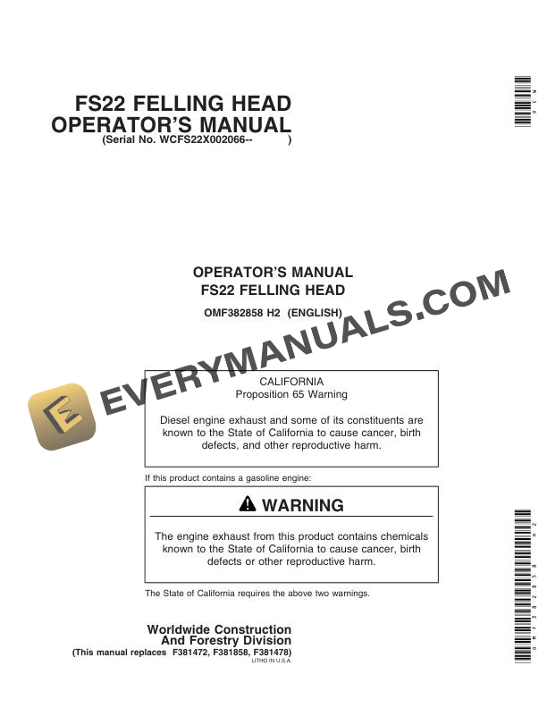 John Deere FS22 Felling Head Operator Manual OMF382858