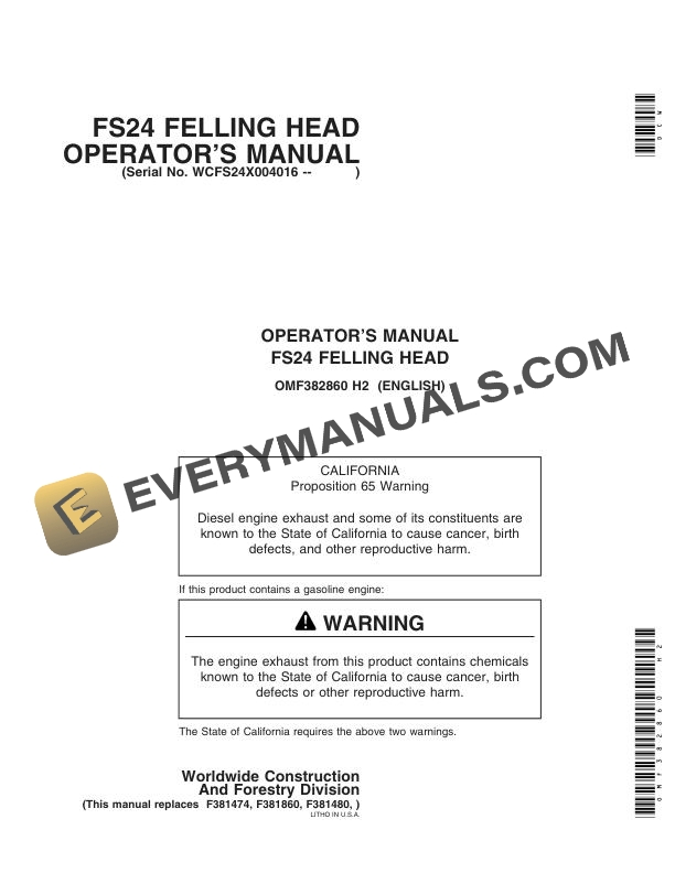 John Deere FS24 Felling Head Operator Manual OMF382860