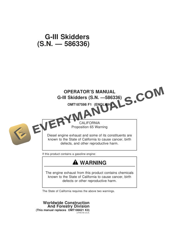 John Deere G III Skidder Operator Manual OMT187598