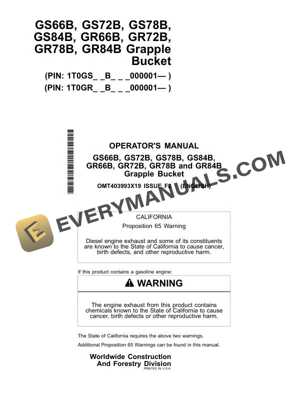 John Deere GS66B to GS84B GR66B to GR84B Grapple Bucket Operator Manual OMT403993X19