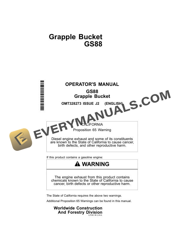 John Deere GS88 Grapple Bucket Operator Manual OMT328273