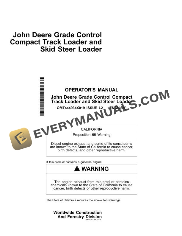 John Deere Grade Control Compact Track Loader and Skid Steer Loader Operator Manual OMT444934X019