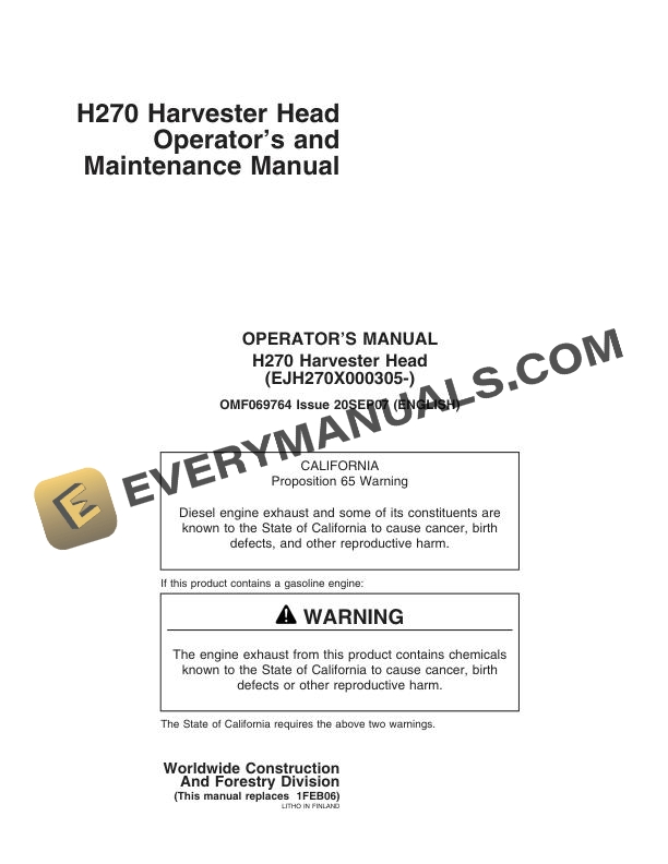 John Deere H270 Harvester Head Operator Manual OMF069764