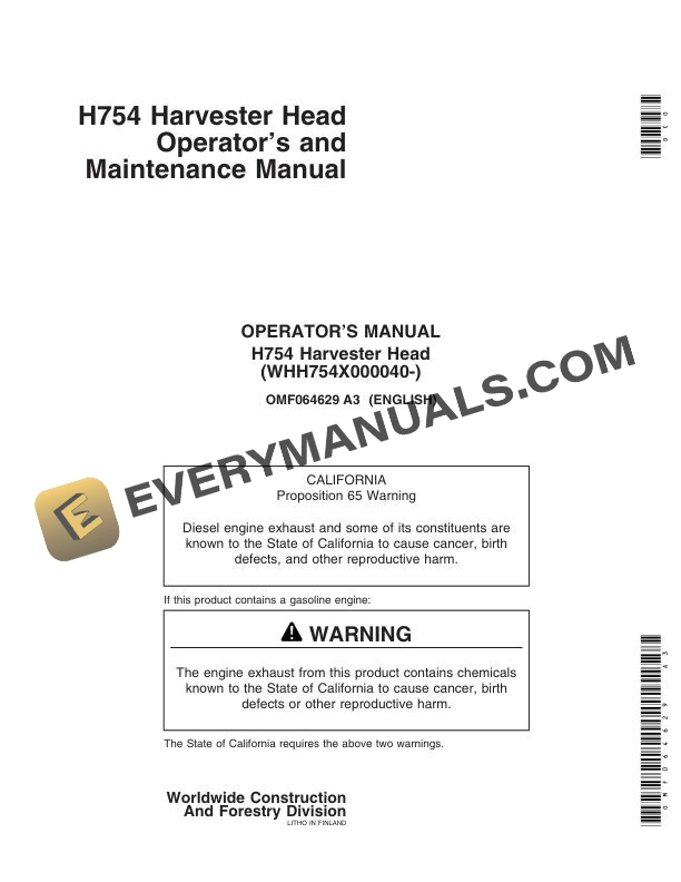 John Deere H754 Harvester Head Operator Manual OMF064629 1 John Deere H754 Harvester Head Operator Manual OMF064629