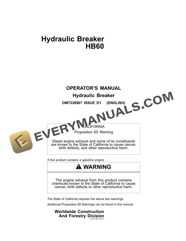 John Deere HB60 Hydraulic Breaker Operator Manual OMT226807