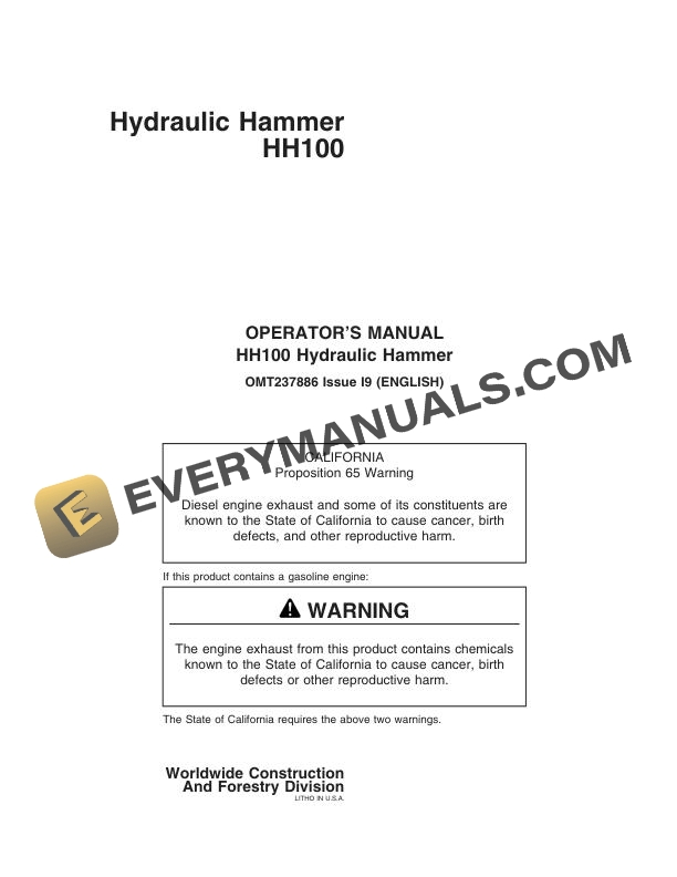 John Deere HH100 Hydraulic Hammer Operator Manual OMT237886