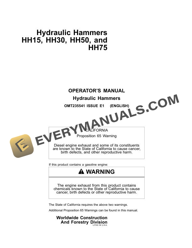 John Deere HH15 HH30 HH50 HH75R Hydraulic Hammer Operator Manual OMT235541