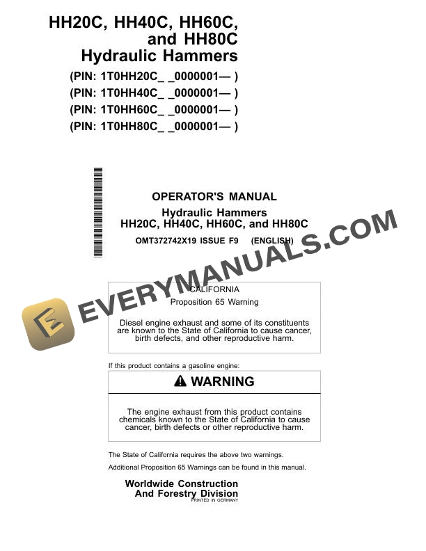John Deere HH20C HH40C HH60C HH80C Hydraulic Hammer Operator Manual OMT372742X19