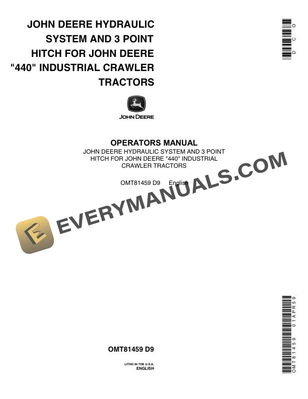 John Deere Hydraulic System and 3 Point Hitch for John Deere 440 Industrial Tractor Operator Manual OMT81459