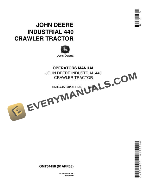 John Deere Industrial 440 Crawler Tractor Operator Manual OMT54458