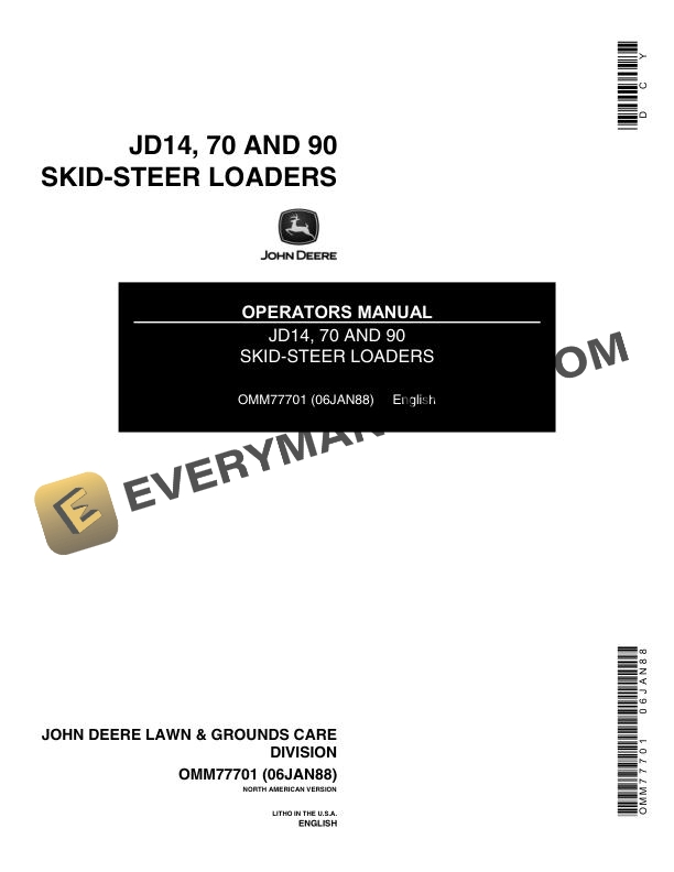 John Deere JD14, 70 and 90 Skid Steer Loader Operator Manual OMM77701