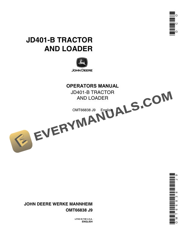John Deere JD401 B Tractor and Loader Operator Manual OMT66838