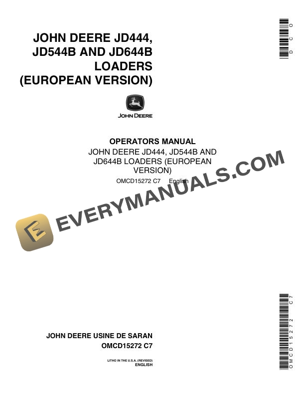 John Deere JD444, JD544B, JD644B Loader (European Version) Operator Manual OMCD15272