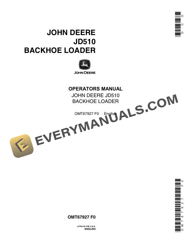 John Deere JD510 Backhoe Loader Operator Manual OMT67927