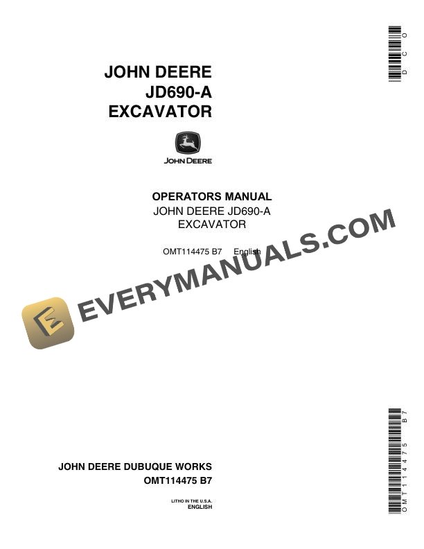John Deere JD690 A Excavator Operator Manual OMT114475