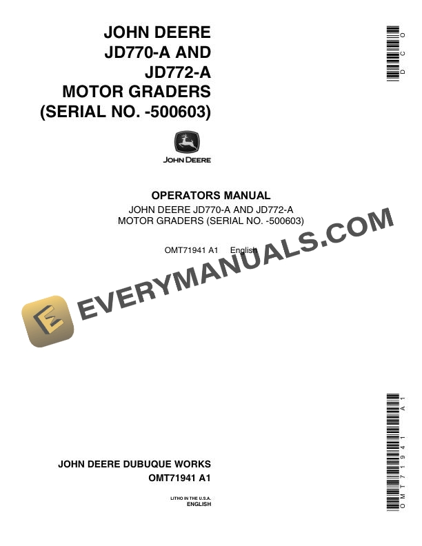 John Deere JD770 A JD772 A Motor Grader Operator Manual OMT71941