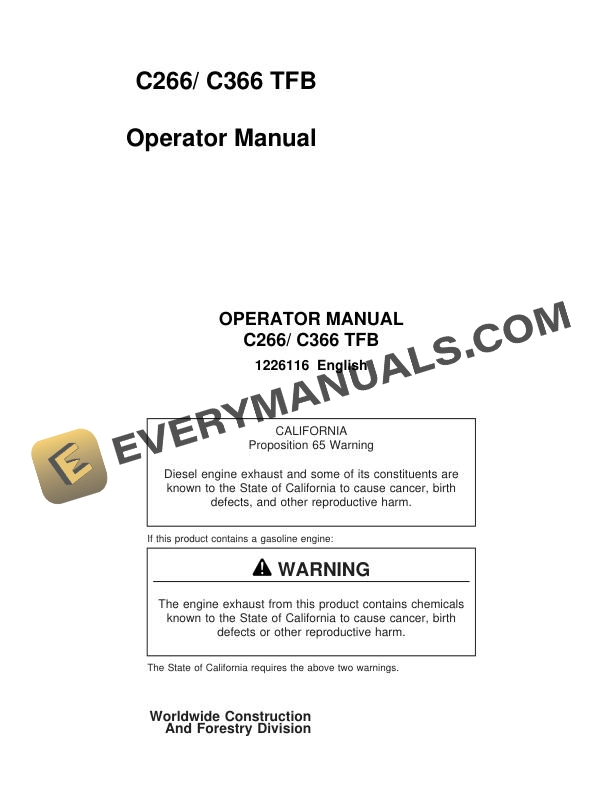 John Deere C266, C366 TFB Operator Manual 1226116