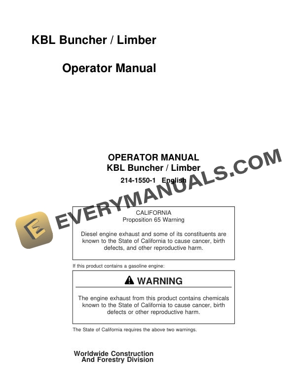 John Deere Koehring KBL Buncher - Limber Operator Manual 214-1550-1