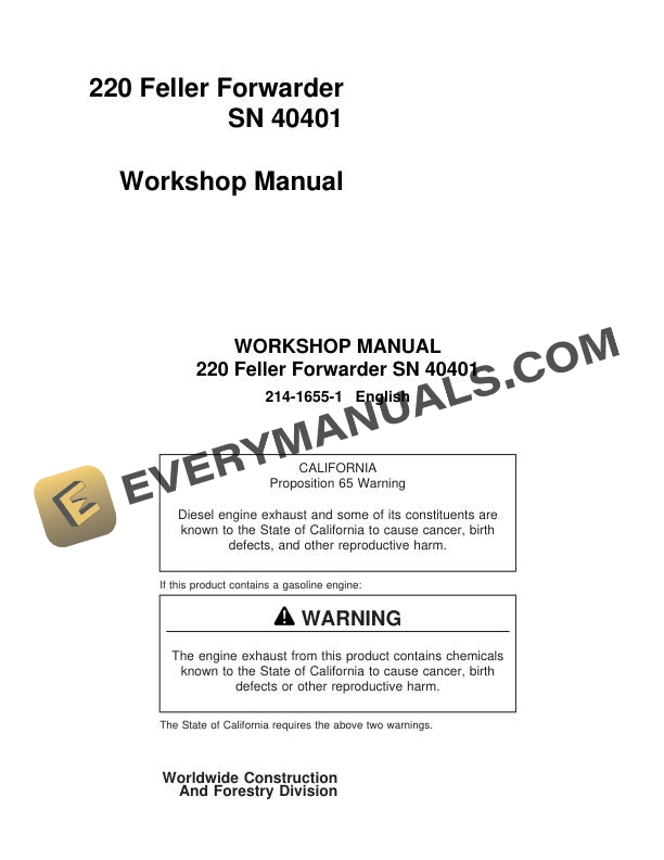 John Deere Koehring Waterous 220 Feller Forwarder Workshop Manual 214-1655-1