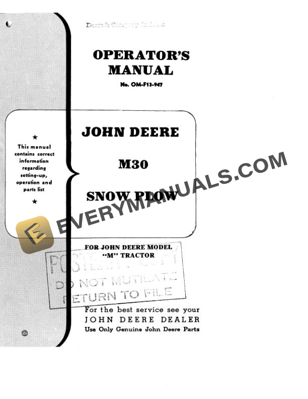 John Deere M30 Snow Plow Operator Manual OMF13947