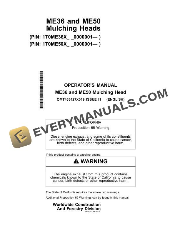 John Deere ME36, ME50 Mulching Head Operator Manual OMT463427X019