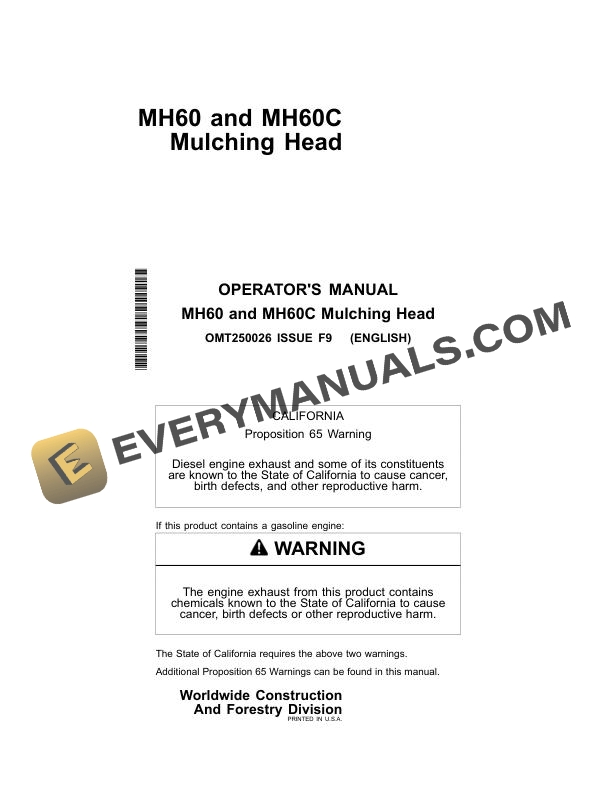 John Deere MH60, MH60C Mulching Head Operator Manual OMT250026
