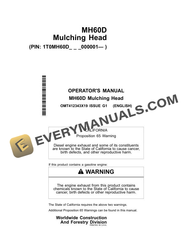 John Deere MH60D Mulching Head Operator Manual OMT412343X19