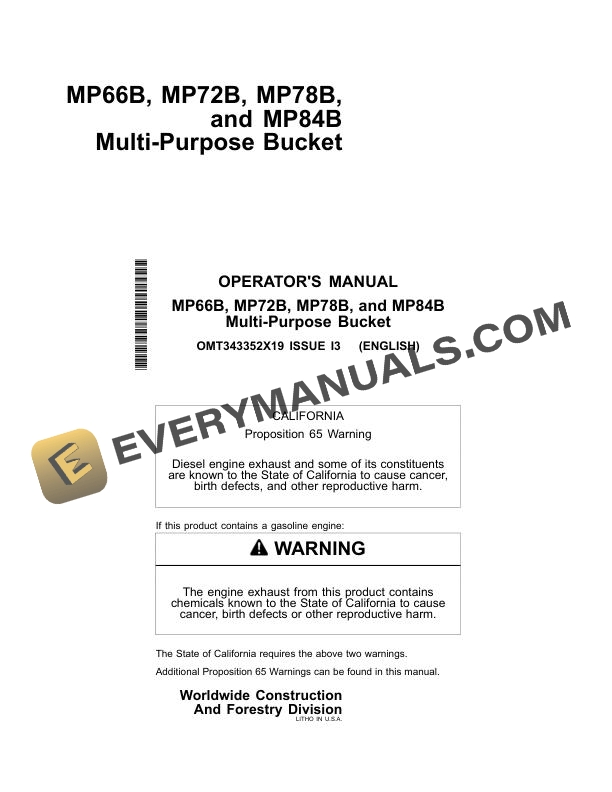 John Deere MP66B, MP72B, MP78B, MP84B Multi-Purpose Bucket Operator Manual OMT343352X19