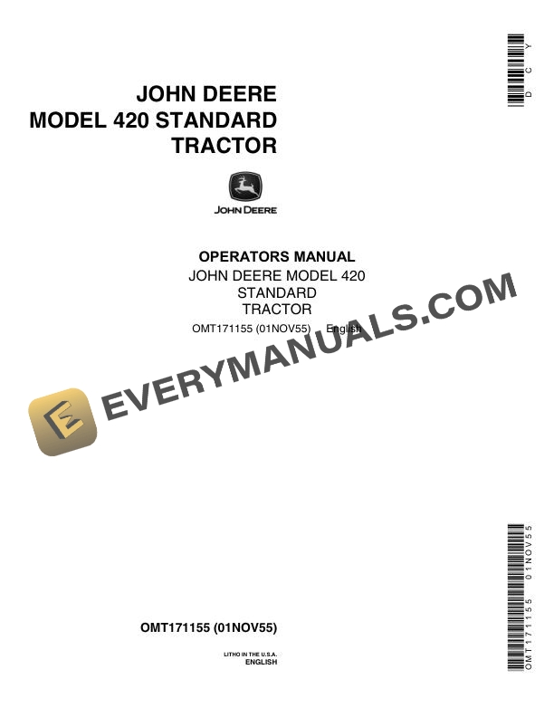 John Deere Model 420 Standard Tractor Operator Manual OMT171155
