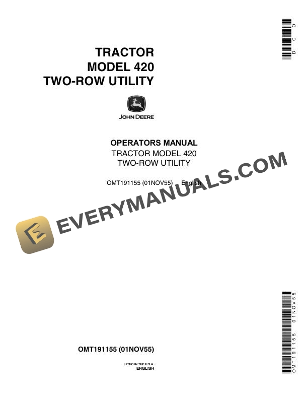 John Deere Model 420 Two Row Utility Tractor Operator Manual OMT191155