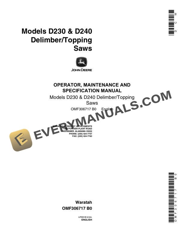 John Deere Model D230 D240 Delimber Topping Saw Operator Manual OMF306717