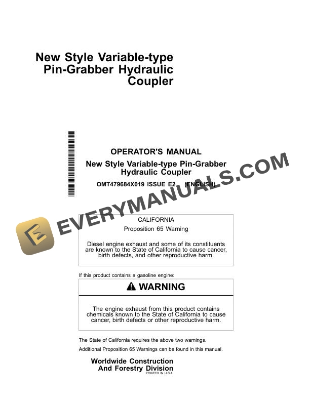John Deere New Style Variable-type Pin-Grabber Hydraulic Coupler Operator Manual OMT479684X019