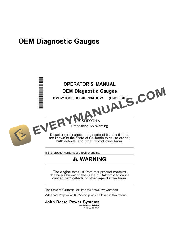 John Deere OEM Diagnostic Gauges Operator Manual OMDZ109098