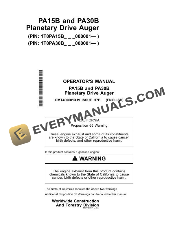 John Deere PA15B, PA30B Planetary Drive Auger Operator Manual OMT400601X19
