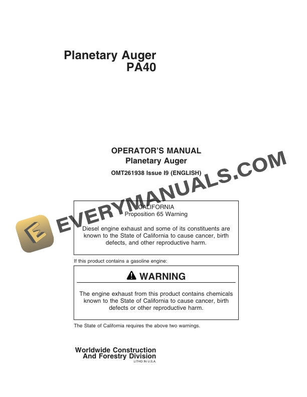John Deere PA40 Planetary Auger Operator Manual OMT261938