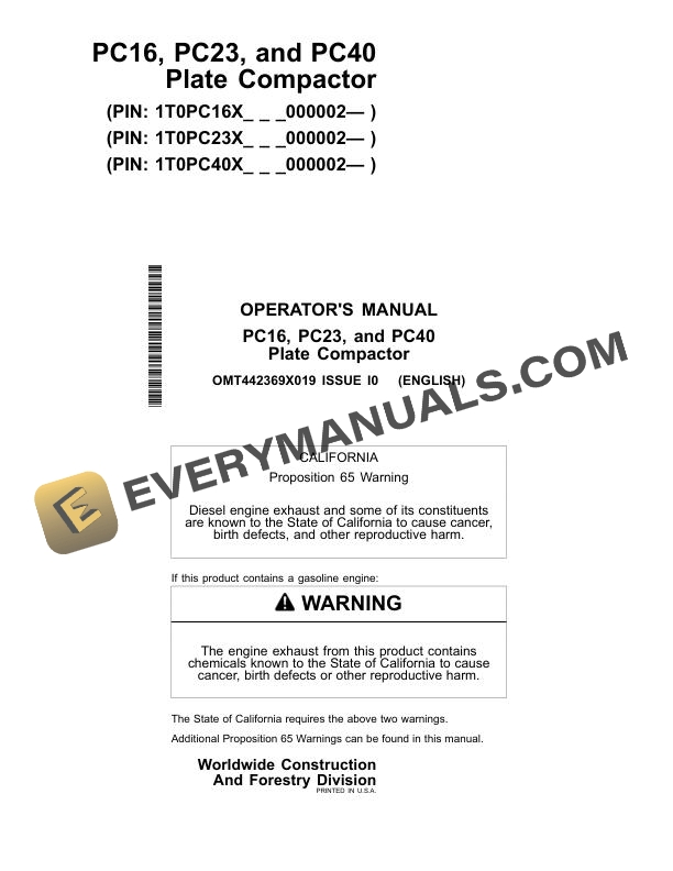 John Deere PC16, PC23, PC40 Plate Compactor Operator Manual OMT442369X019