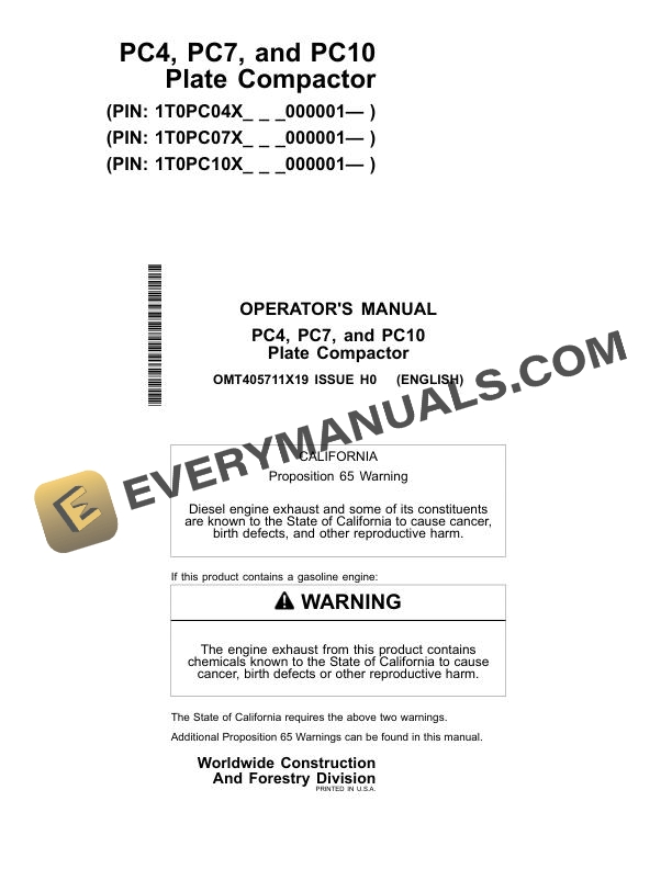 John Deere PC4 PC7 PC10 Plate Compactor Operator Manual OMT405711X19