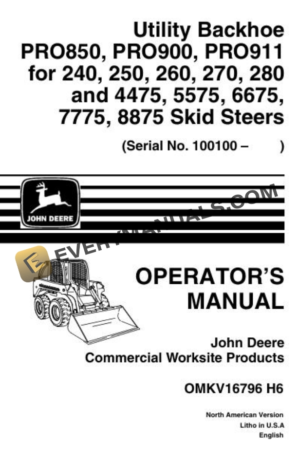 John Deere PRO850 PRO900 PRO911 Utility Backhoe Operator Manual OMKV16796